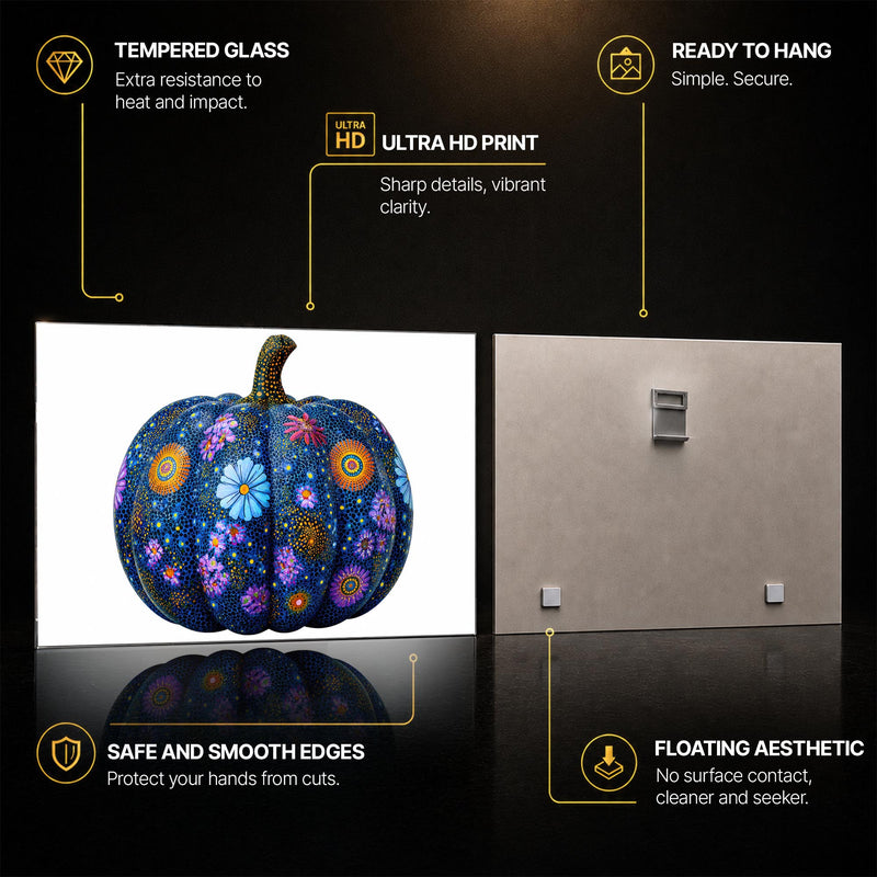 Midnight Floral Pumpkin — tempered glass, ultra HD print, ready to hang