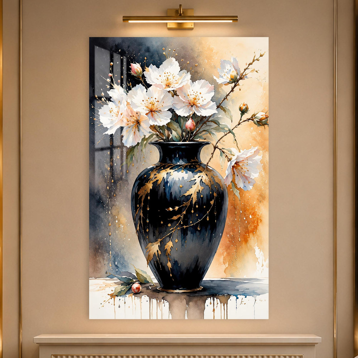 Blossoms in Black Vase in a modern room