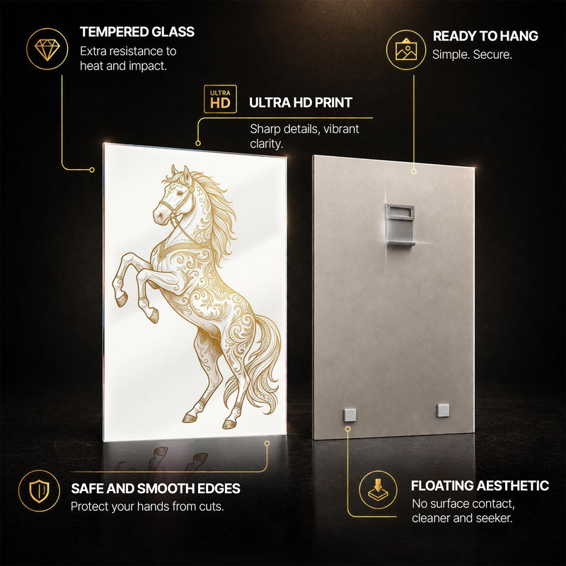 Ornate Golden Stallion — tempered glass, ultra HD print, ready to hang