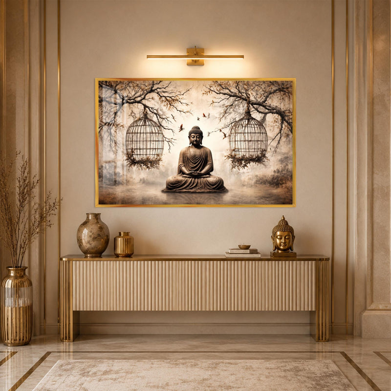 Artronauts Glass Print 18x12 cm | 7.1"x4.7" / Gold Buddha Beneath the Birdcages Glass Wall Art