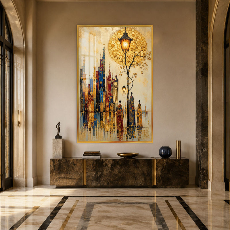 Artronauts Glass Print 12x18 cm | 4.7"x7.1" / Gold Golden City Promenade Glass Wall Art