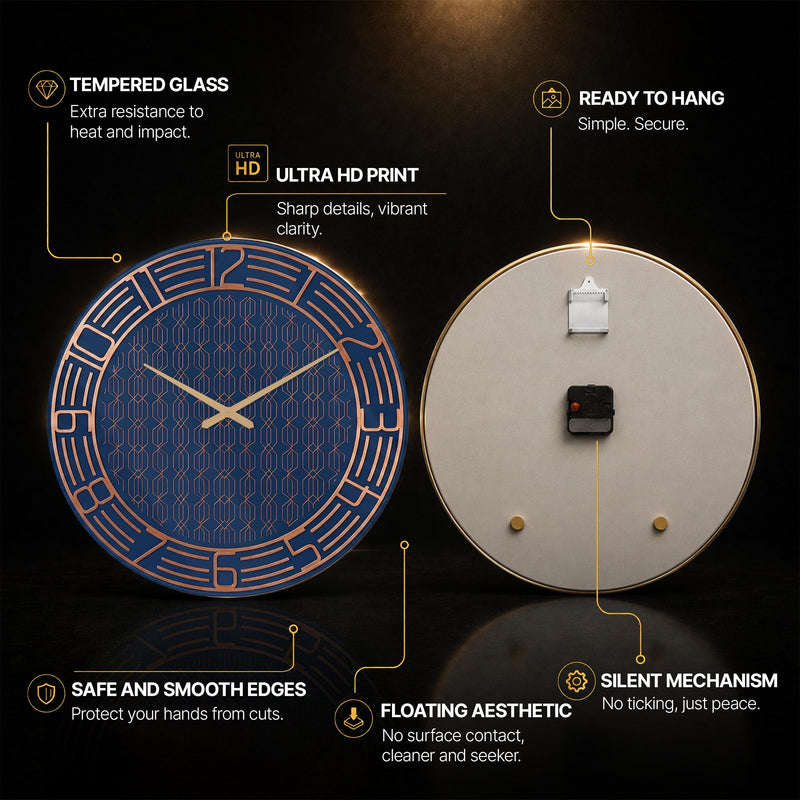 Navy Deco Geometry — tempered glass, ultra HD print, ready to hang