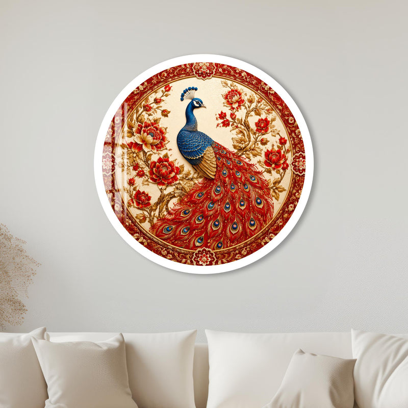 Crimson Blossom Peacock with white frame