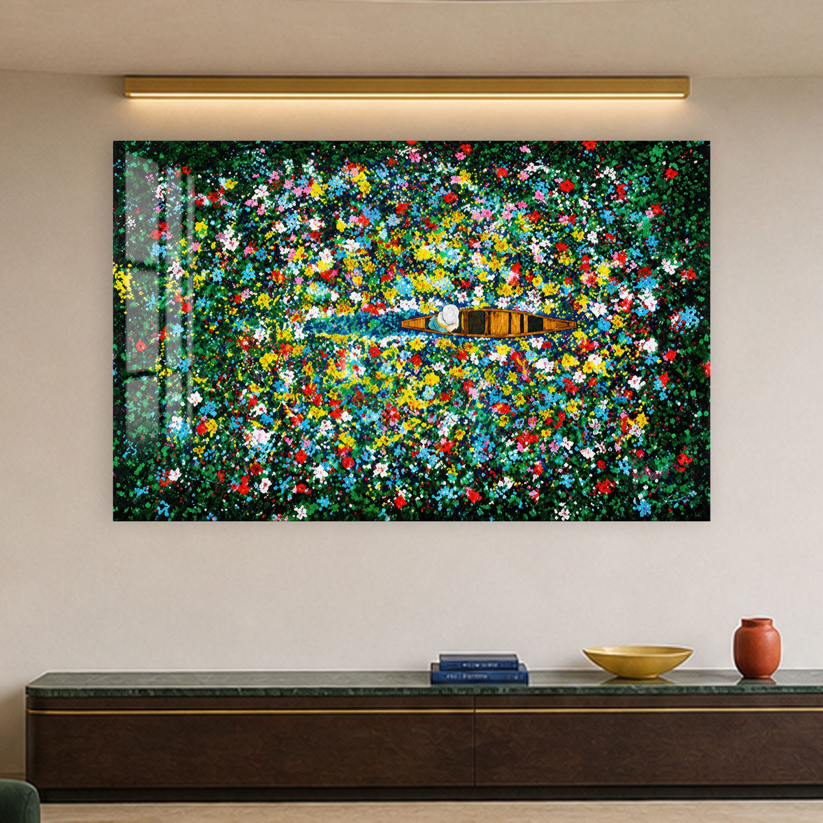Artronauts Glass Print Boat Through Flower Field Glass Wall Art