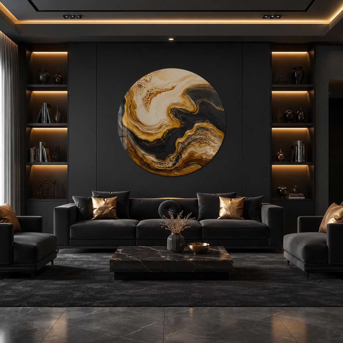 Golden Marble Flow — tempered glass, ultra HD print, ready to hang