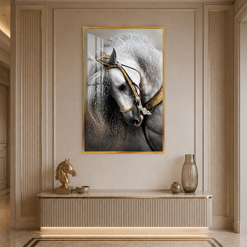Jeweled White Horse with gold frame