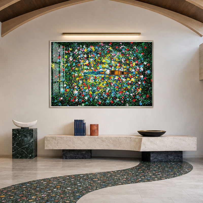 Artronauts Glass Print 18x12 cm | 7.1"x4.7" / Silver Boat Through Flower Field Glass Wall Art
