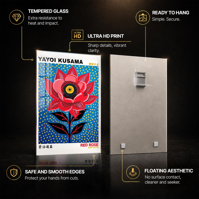 Dotted Red Bloom — tempered glass, ultra HD print, ready to hang