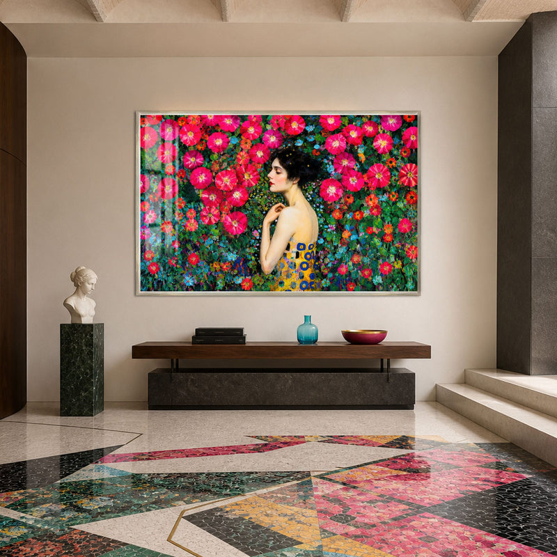 Artronauts Glass Print 18x12 cm | 7.1"x4.7" / Silver Woman Among Flowers Glass Wall Art