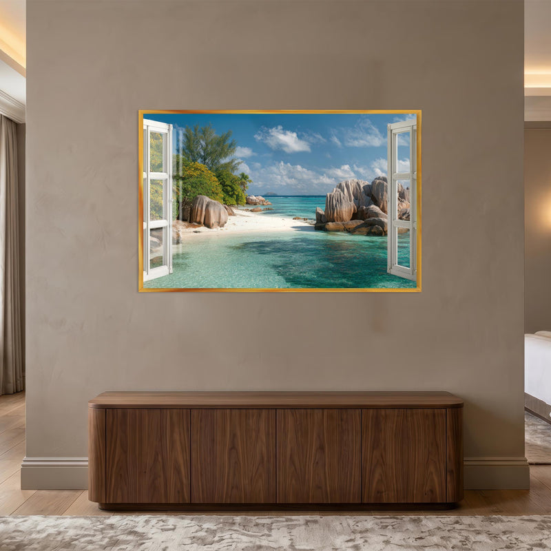Tropical Window Escape with gold frame
