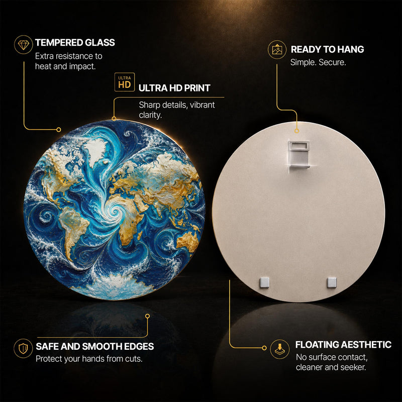 Gilded Ocean World — tempered glass, ultra HD print, ready to hang