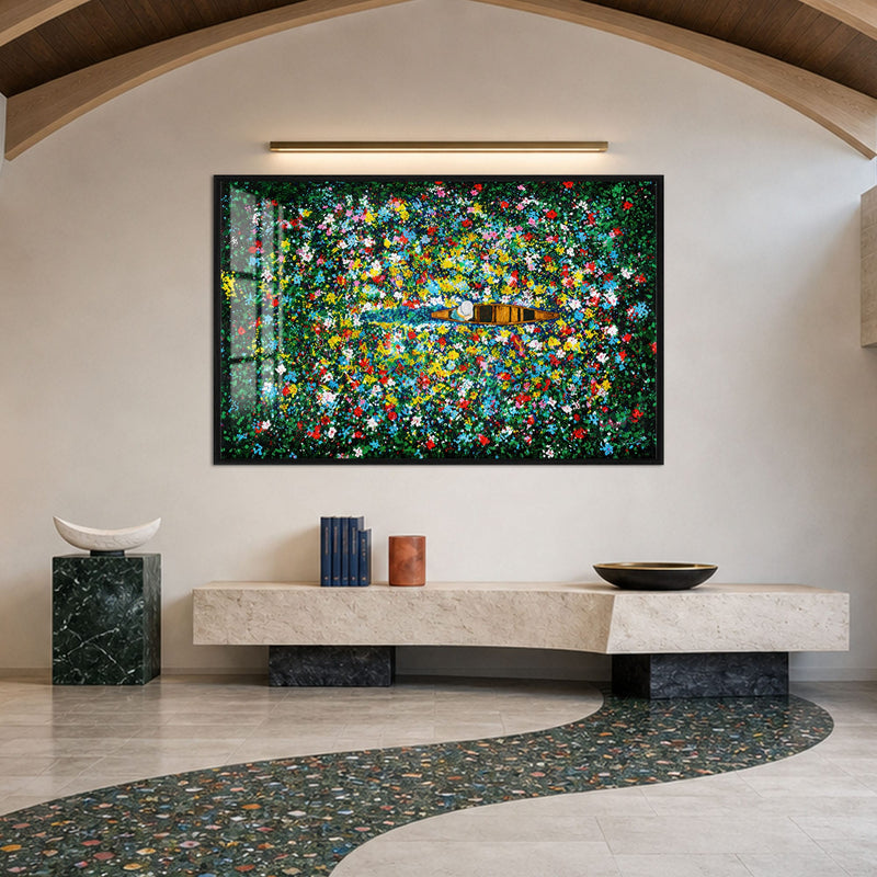 Artronauts Glass Print 18x12 cm | 7.1"x4.7" / Black Boat Through Flower Field Glass Wall Art