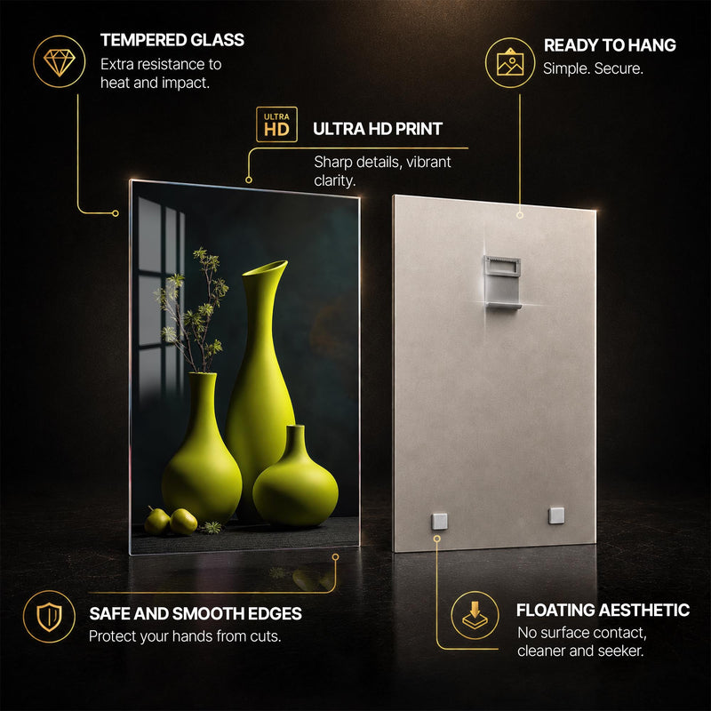 Sculptural Green Vases — tempered glass, ultra HD print, ready to hang