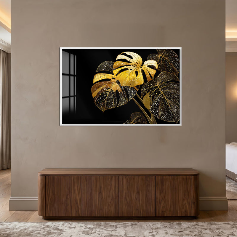 Golden Monstera Leaves with white frame