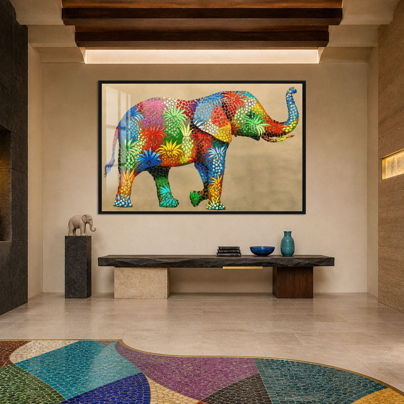 Artronauts Glass Print 18x12 cm | 7.1"x4.7" / Black Floral Mosaic Elephant Glass Wall Art