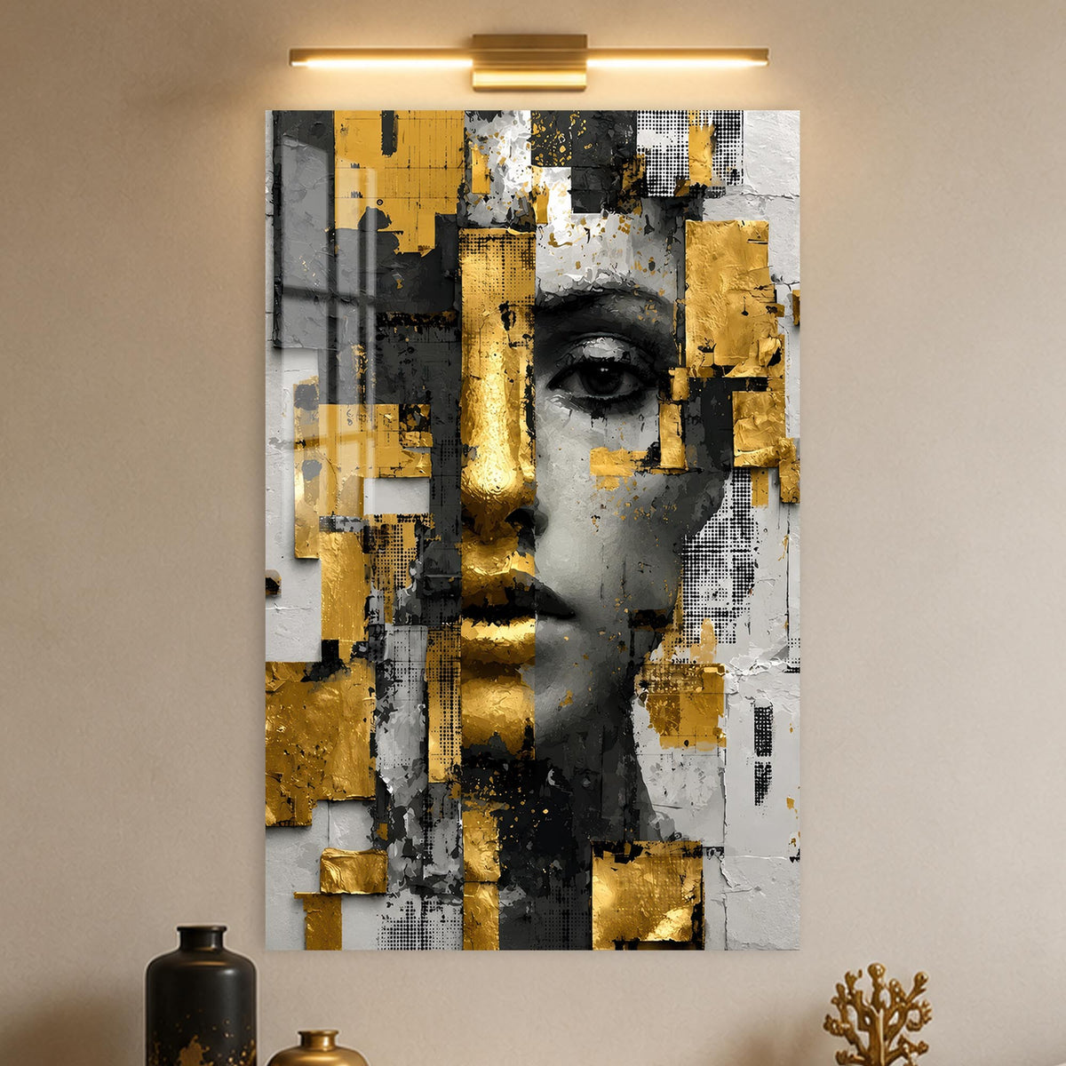 Fragmented Golden Woman in a modern room