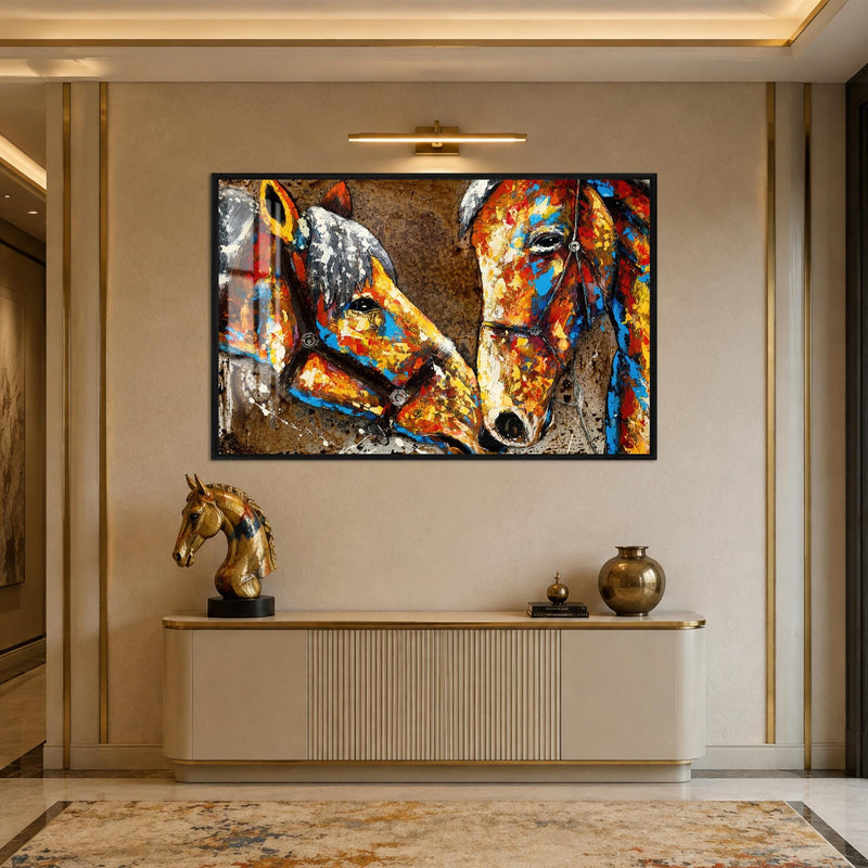 Artronauts Glass Print 18x12 cm | 7.1"x4.7" / Black Painted Horses in Harness Glass Wall Art