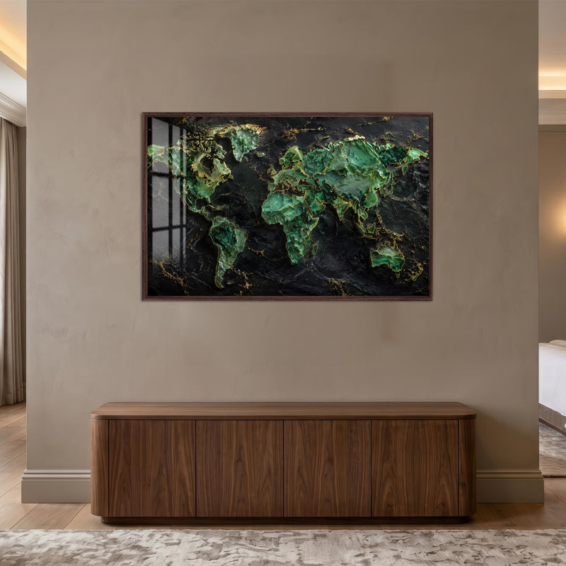 Emerald Marble World Map with walnut frame