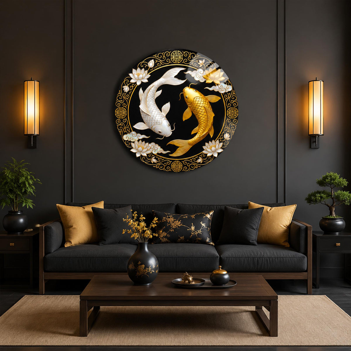 Golden Koi Harmony — tempered glass, ultra HD print, ready to hang