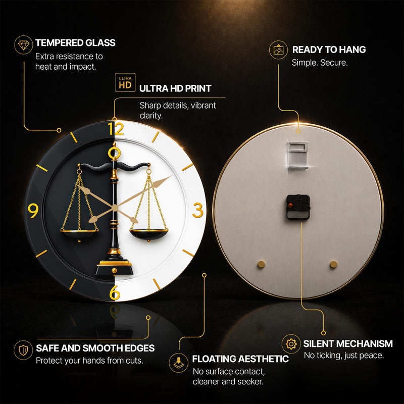 Golden Scales of Justice — tempered glass, ultra HD print, ready to hang