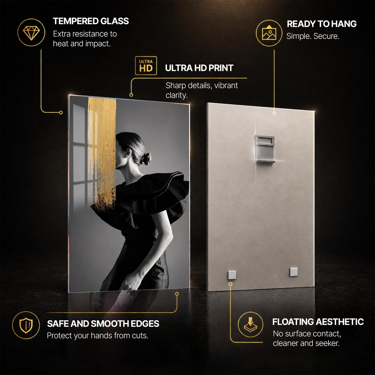 Golden Veil — tempered glass, ultra HD print, ready to hang