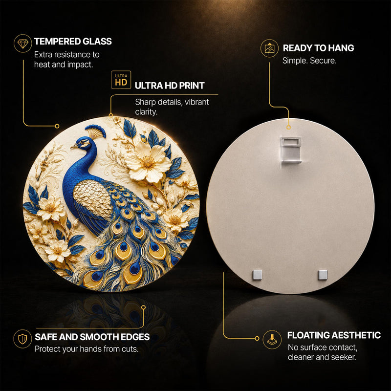 Ivory Peacock Garden — tempered glass, ultra HD print, ready to hang