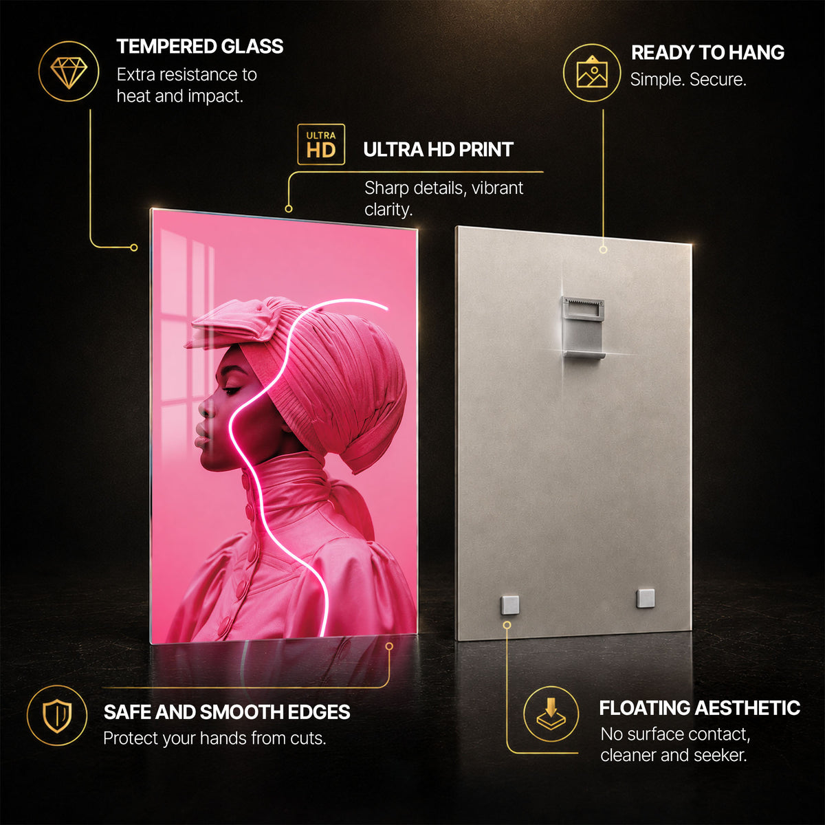 Pink Neon Profile — tempered glass, ultra HD print, ready to hang