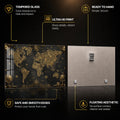 Gilded Explorer World Map — tempered glass, ultra HD print, ready to hang