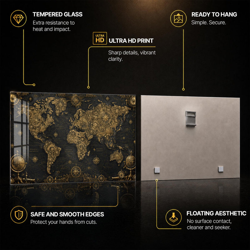 Gilded Explorer World Map — tempered glass, ultra HD print, ready to hang