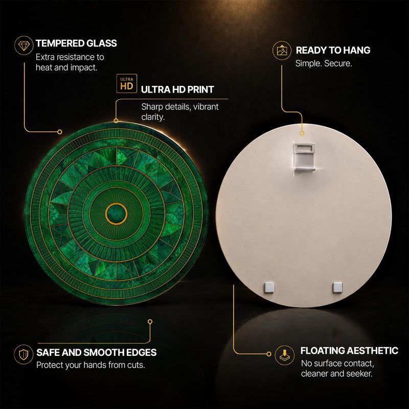 Emerald Deco Radiance — tempered glass, ultra HD print, ready to hang