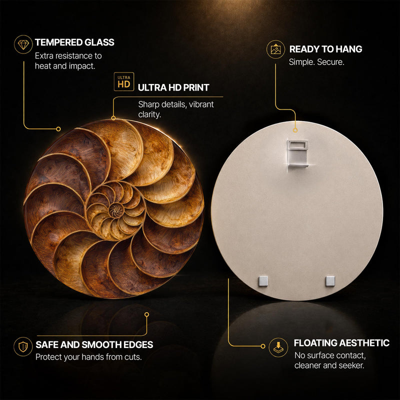 Golden Timber Spiral — tempered glass, ultra HD print, ready to hang