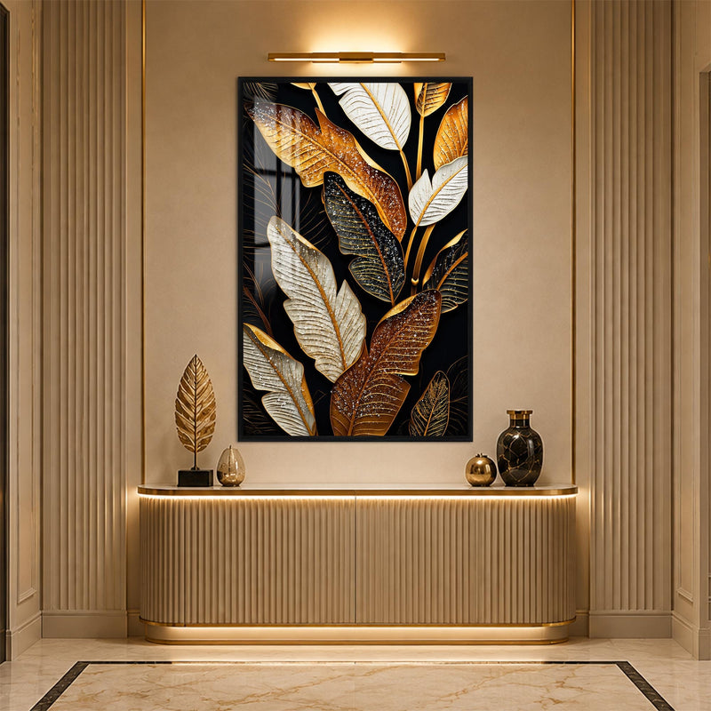 Artronauts Glass Print 12x18 cm | 4.7"x7.1" / Black Gilded Tropical Leaves Glass Wall Art