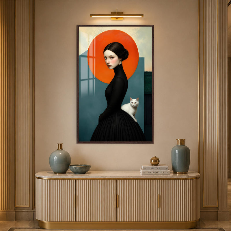 Lady With White Cat with walnut frame