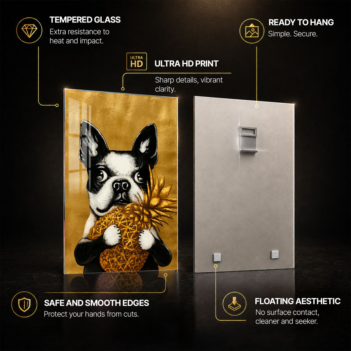 Golden Pineapple Pup — tempered glass, ultra HD print, ready to hang