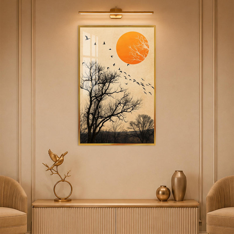 Artronauts Glass Print 12x18 cm | 4.7"x7.1" / Gold Birds Across Orange Sun Glass Wall Art
