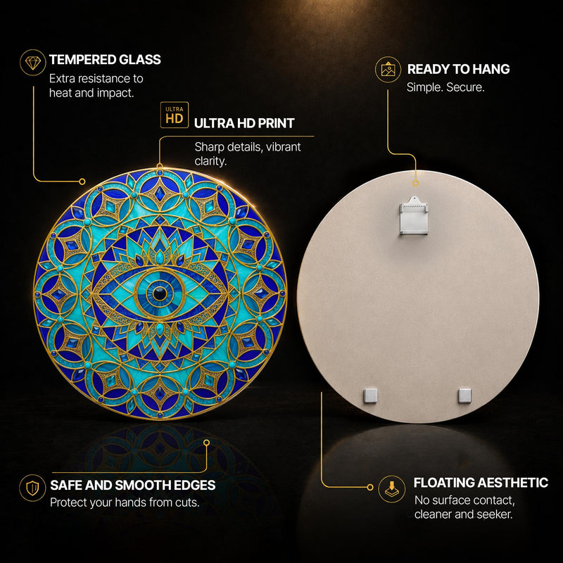Jewelled Circle Lattice Eye — tempered glass, ultra HD print, ready to hang