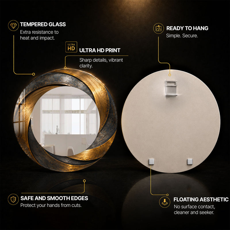 Gilded Orbit — tempered glass, ultra HD print, ready to hang