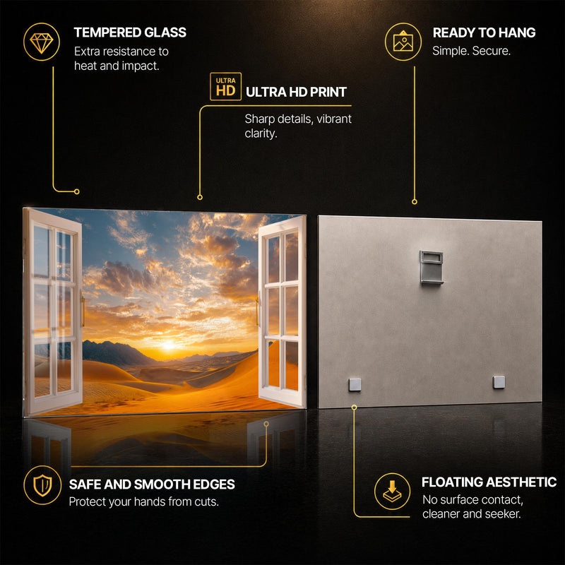 Desert Window Sunset — tempered glass, ultra HD print, ready to hang