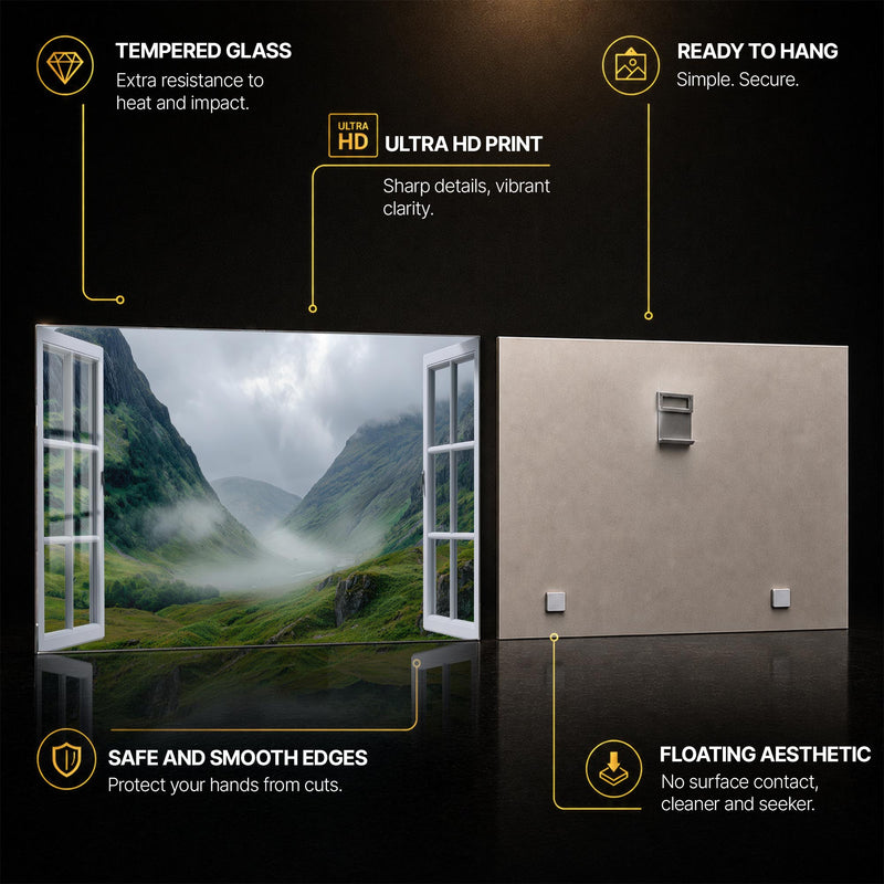 Misty Highland Window — tempered glass, ultra HD print, ready to hang