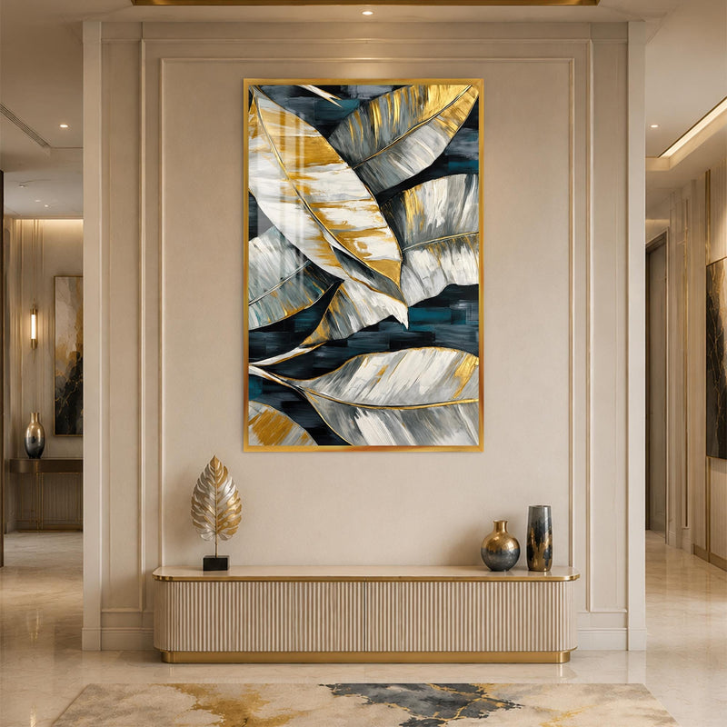Artronauts Glass Print 12x18 cm | 4.7"x7.1" / Gold Metallic Tropical Leaves Glass Wall Art