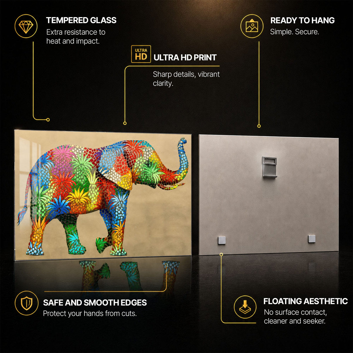 Artronauts Glass Print Floral Mosaic Elephant Glass Wall Art