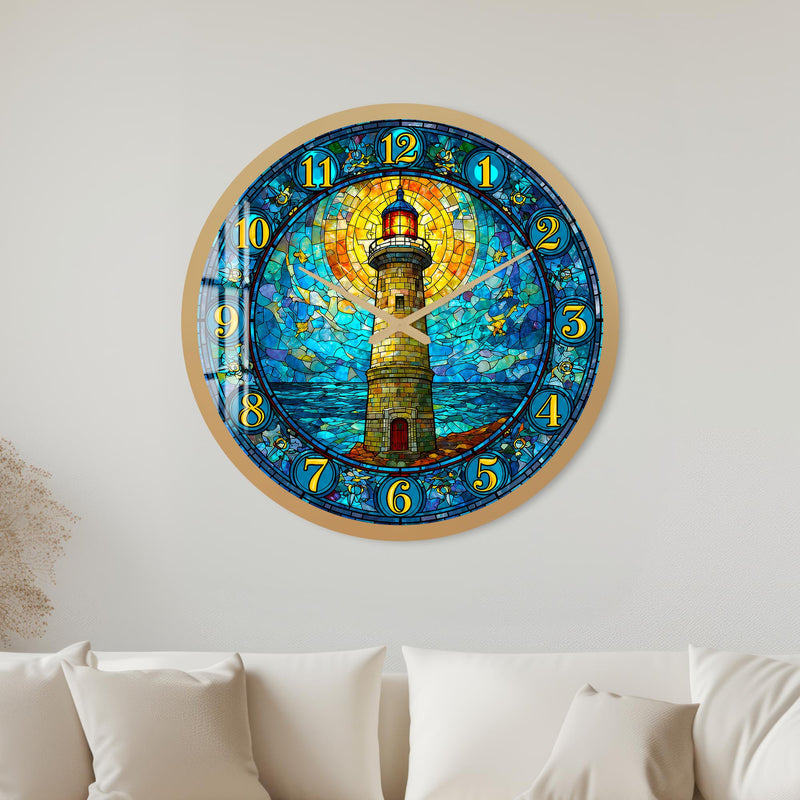 Stained Glass Lighthouse with gold frame