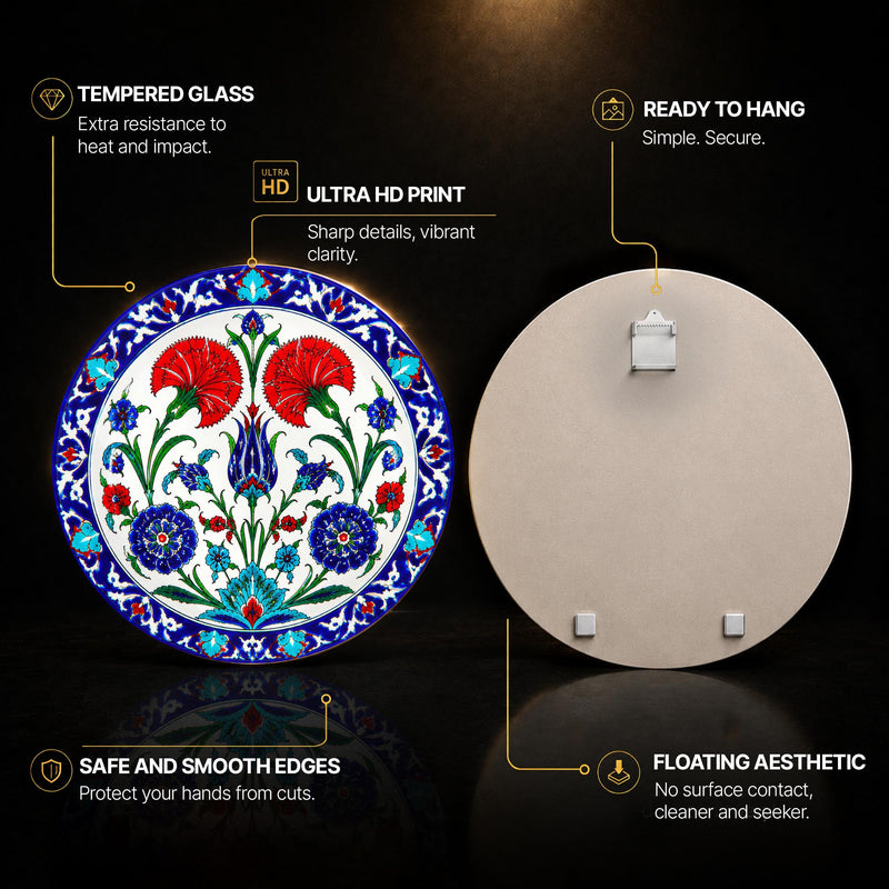 Iznik Floral Garden — tempered glass, ultra HD print, ready to hang
