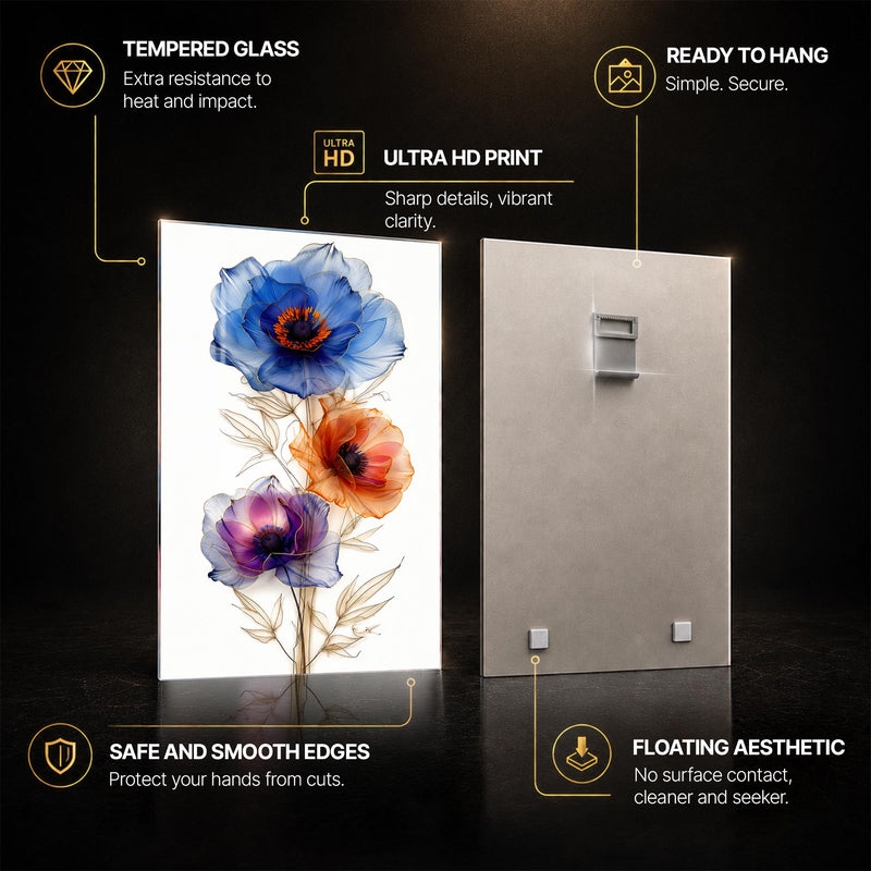 Chromatic Poppy Trio — tempered glass, ultra HD print, ready to hang