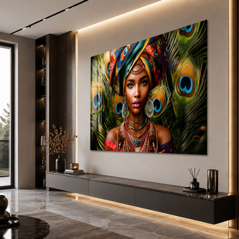 Artronauts Glass Print Peacock Queen Portrait Glass Wall Art