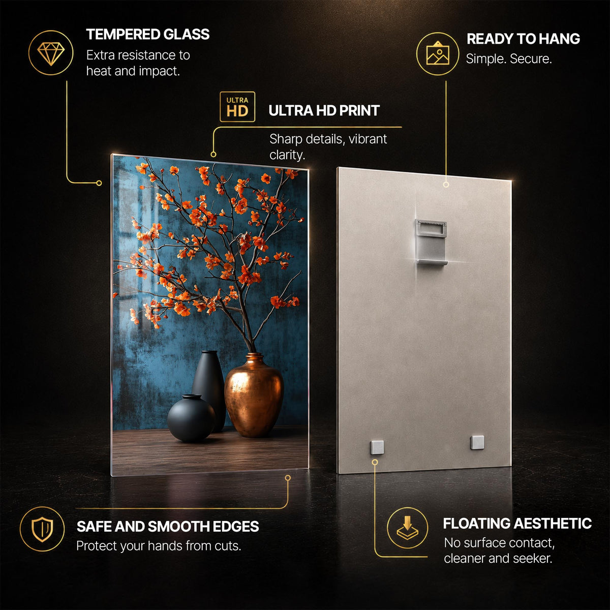 Orange Blossom Vases — tempered glass, ultra HD print, ready to hang