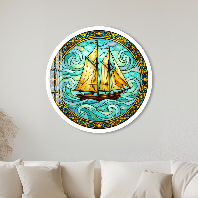 Golden Schooner On Emerald Waves with white frame
