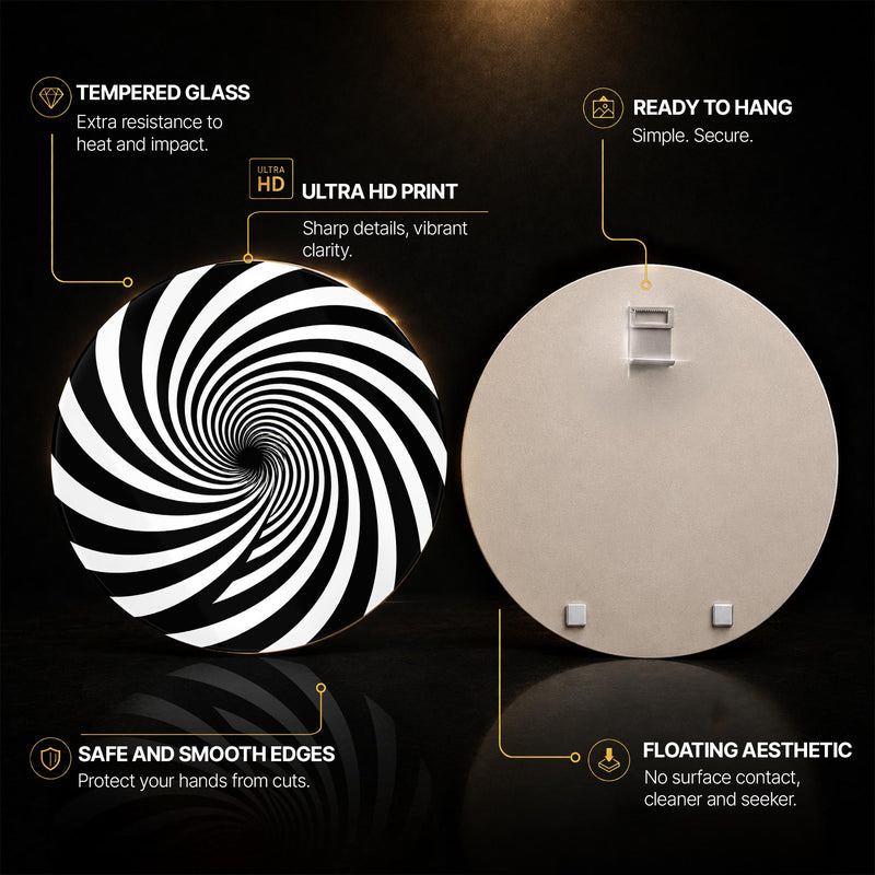 Monochrome Spiral Illusion — tempered glass, ultra HD print, ready to hang