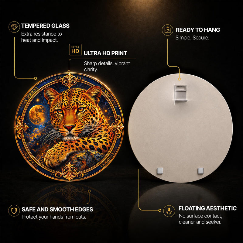 Celestial Golden Leopard — tempered glass, ultra HD print, ready to hang