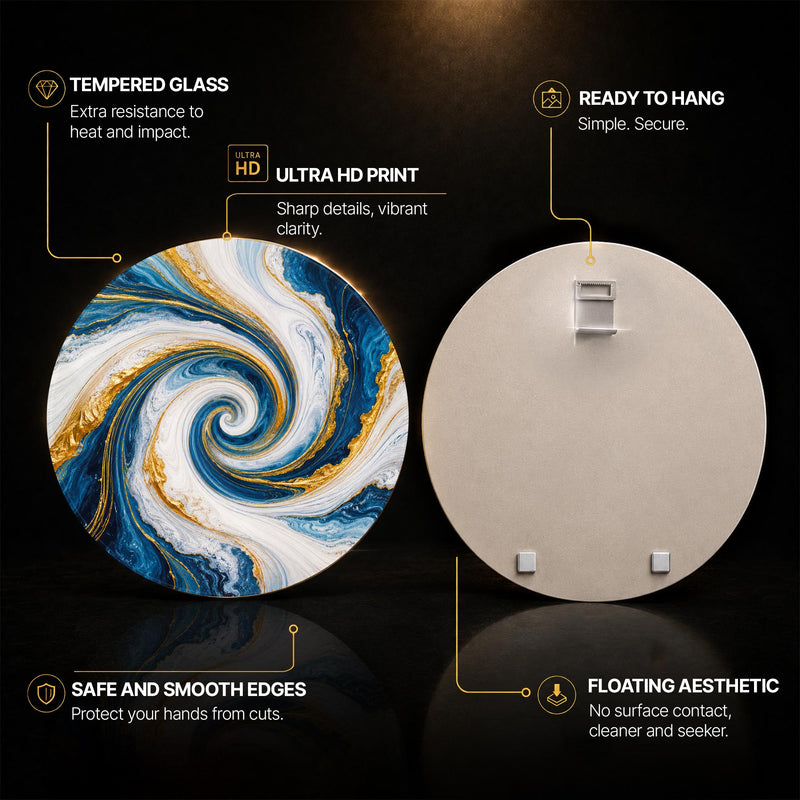 Sapphire Marble Vortex — tempered glass, ultra HD print, ready to hang